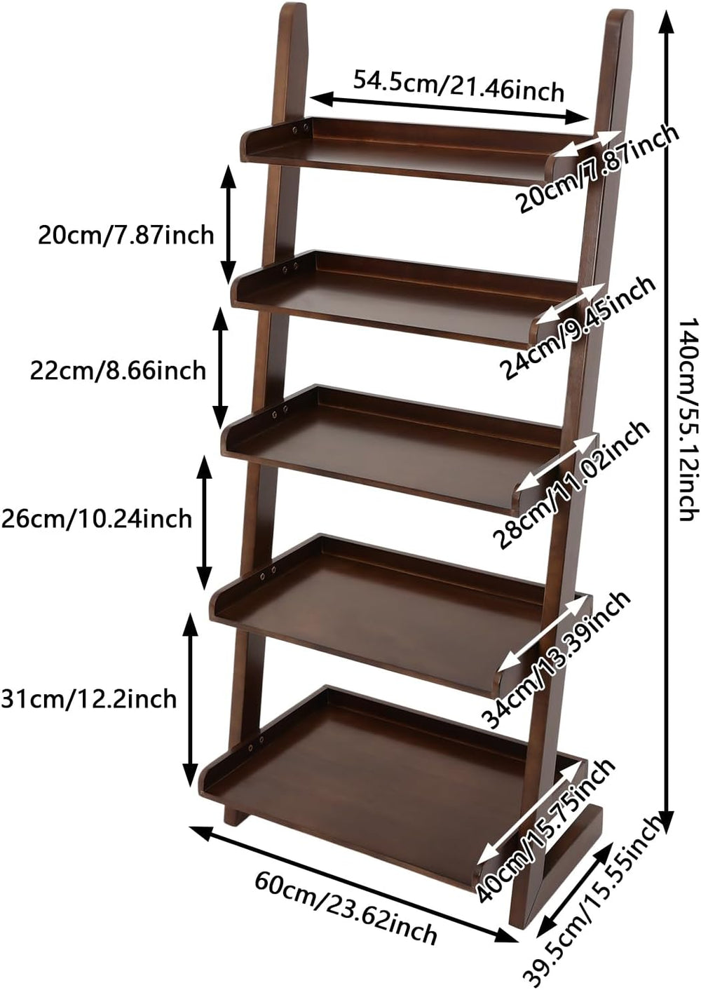 5-Tier Ladder Shelf, Minimalism Wood Ladder Bookshelf L-Shaped Leaning Storag...