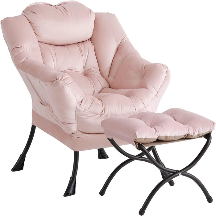 LITA Lazy Chair with Ottoman, Comfy Accent Reading Chair, Velvet Pink