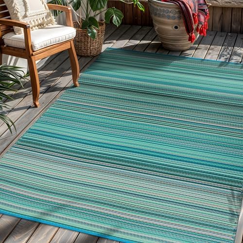 Rugshop Contemporary Stripe Patio Deck Backyard Area Rug Blue 5' x 7'