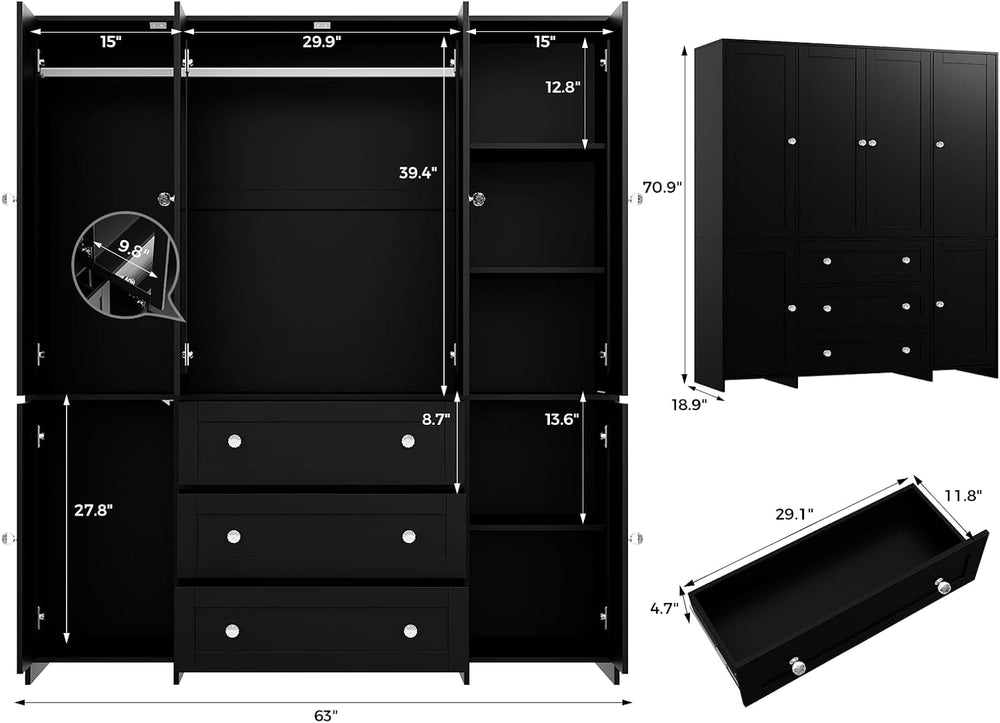 VOWNER 71" Armoire Wardrobe Closet with Drawers and Mirror, 6 Doors