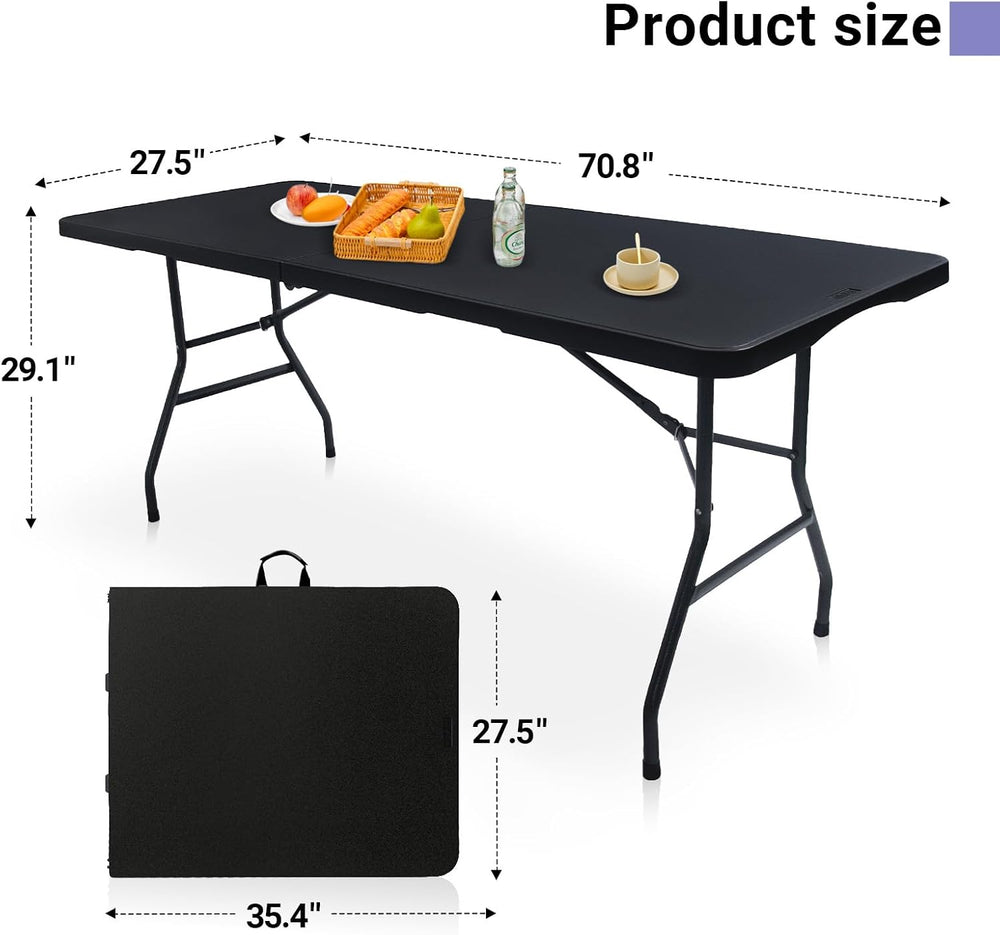 Folding Table 6ft, Heavy Duty Plastic Fold-in-Half Utility Table, Black | Por...