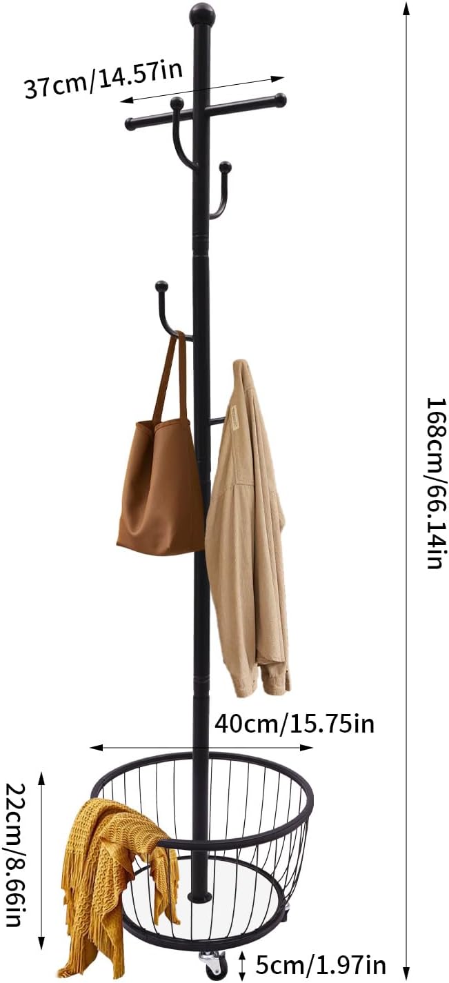 Floor Standing Coat Rack with Storage Basket and Wheels,Carbon Steel Hall Tre...