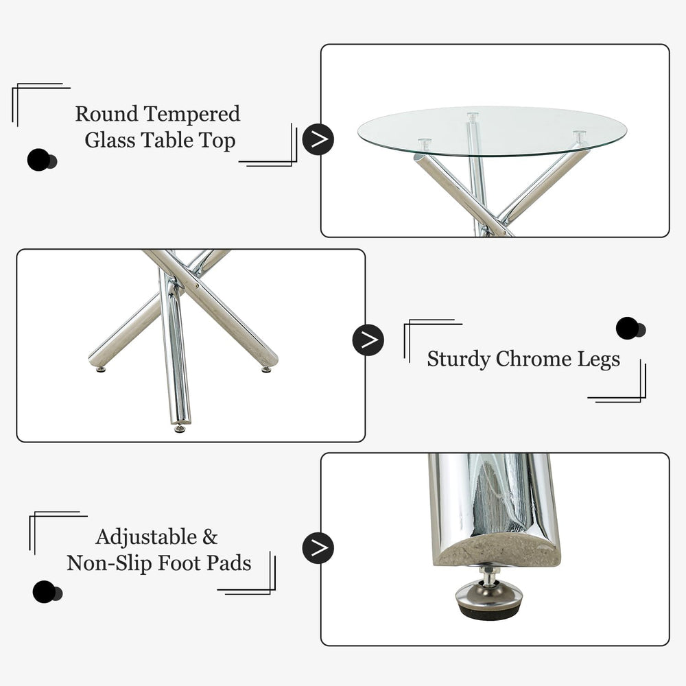 Round Glass Dining Room Table for 2-3, Modern Tempered Glass Top, Sturdy Chro...