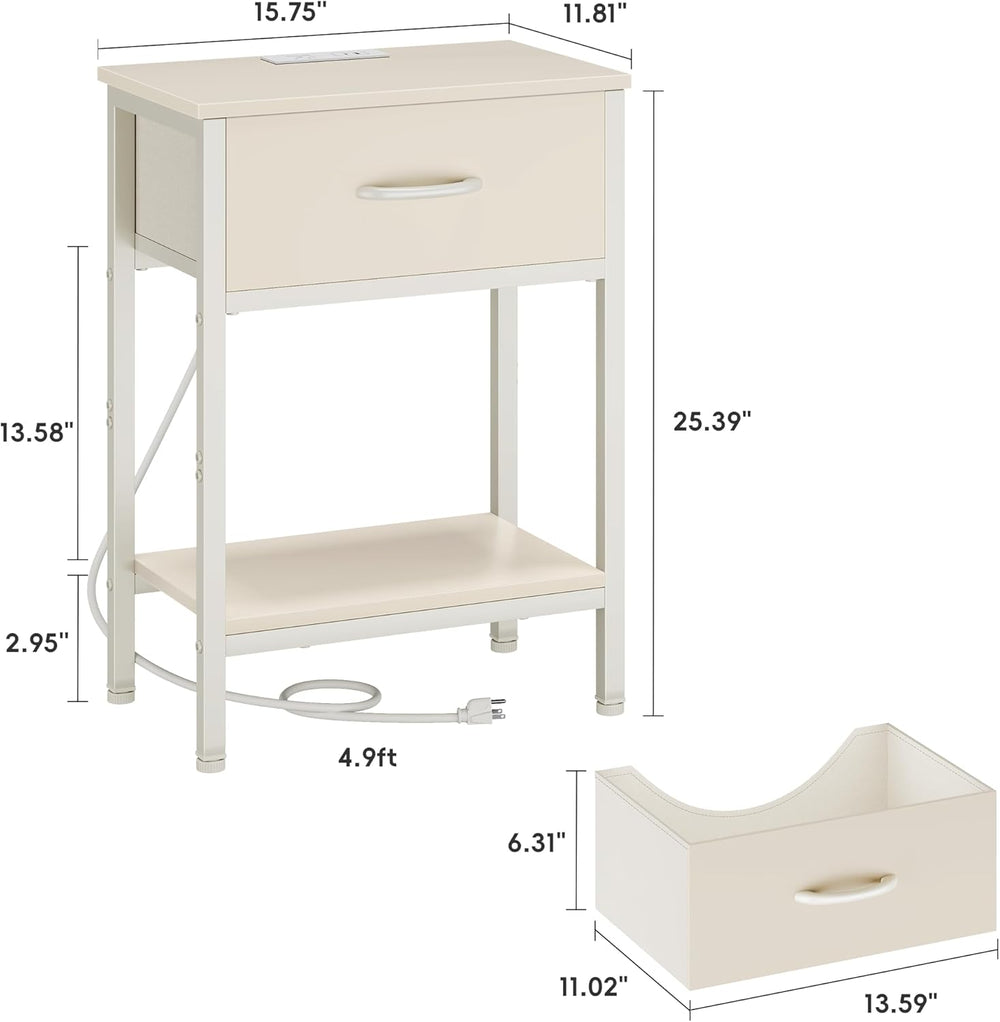 Vagusicc Nightstand with Charging Station, End Table with Fabric Drawer, Smal...