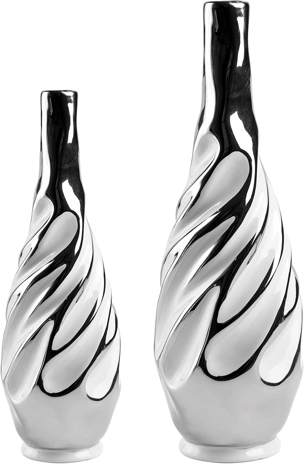 Yundu Ceramic Vase Set of 2, White with Silver, Modern Home Décor, Living Roo...
