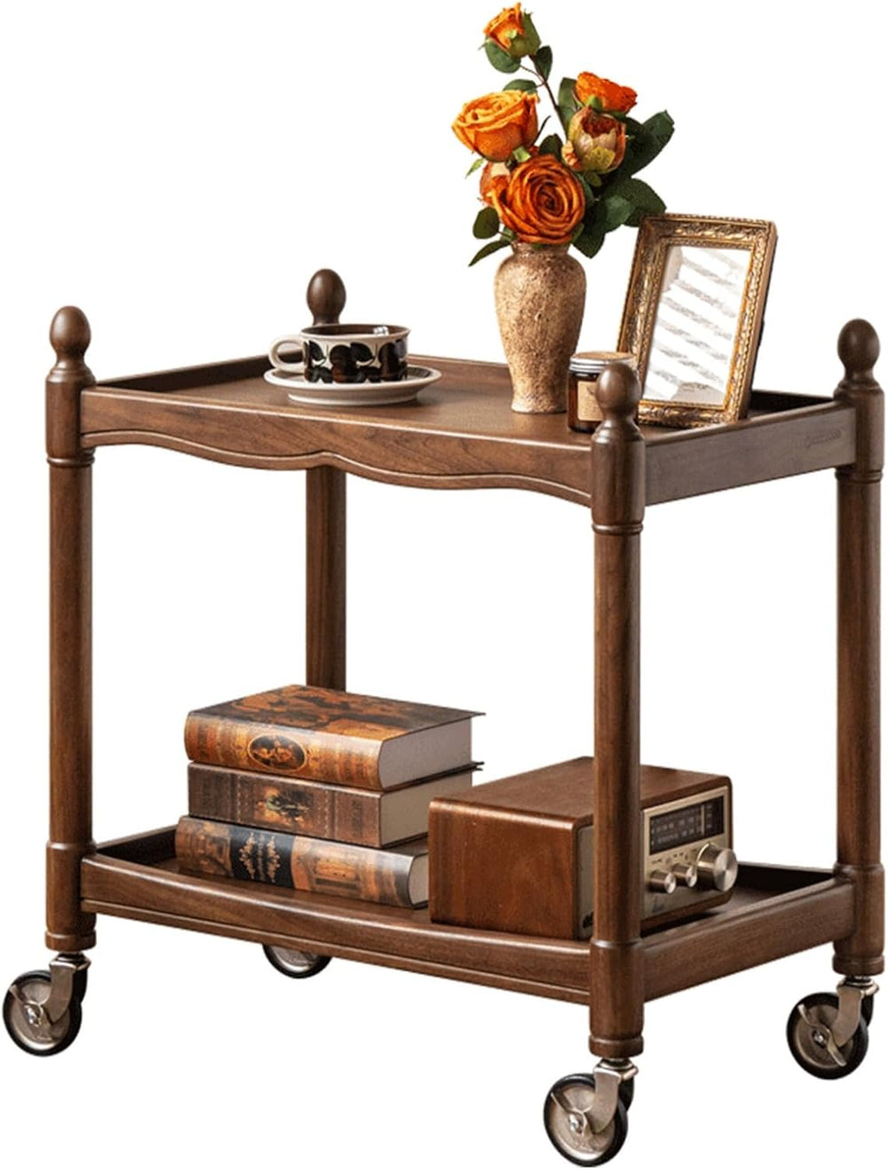 YESWOOD Vintage Walnut Side Table with Lockable Wheels, 2‑Tier Rolling End Ta...
