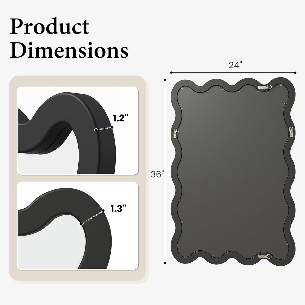 24x36 Black Wavy Bathroom Wall Mirror, Solid Wood Frame for Vanity