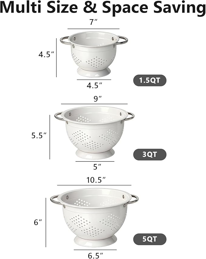 Hillbond Colander Set for Kitchen, 5 Qt Stainless Steel Handle Food Strainers
