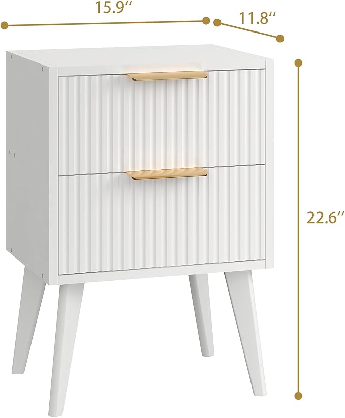 Fluted Nightstand with 2 Drawers,Modern Bedside Table with Metal Handles,Whit...