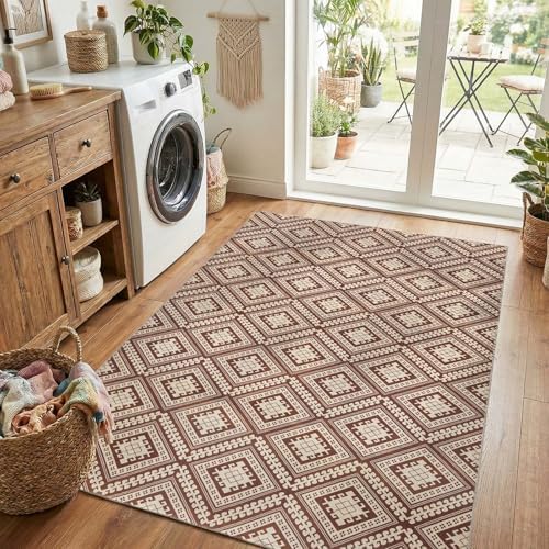 jinchan 5x7 Faux Jute Area Rug Washable Tile-Inspired Rug, Terracotta Brown