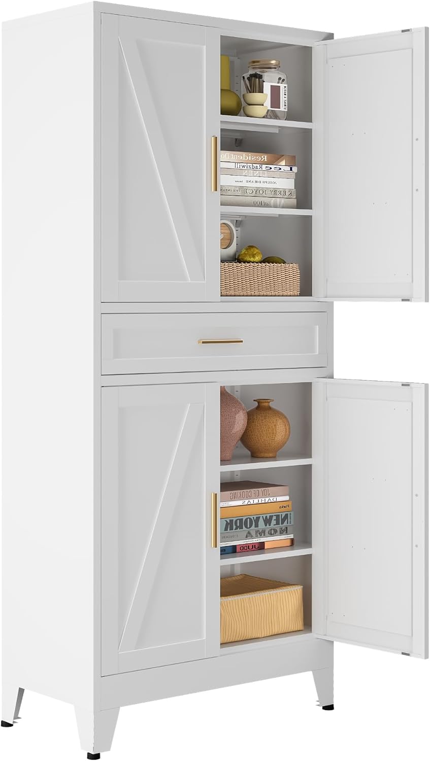 Bevivog Tall Pantry Cabinet with Drawers, 71" Metal Storage Cabinets wit...