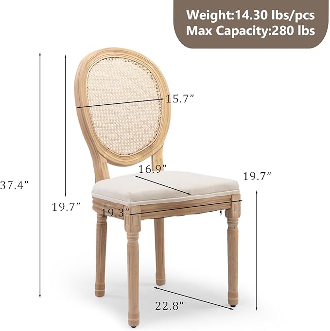 Rattan Back Upholstered Dining Chairs Set of 6 French Country Oval Kitchen Si...