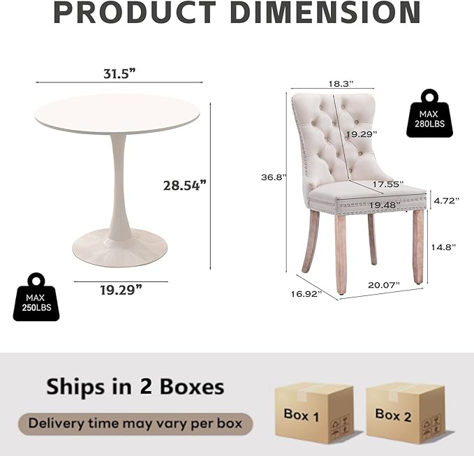 3-Piece Round Dining Table Set for 2,31.5" White Table & 2 Beige Vel...