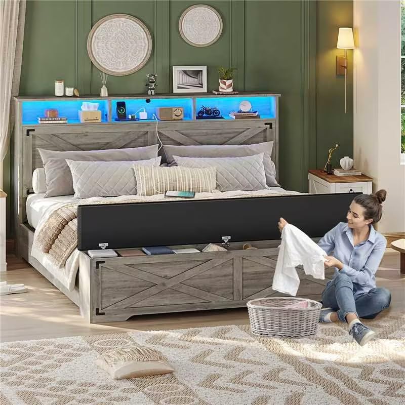 Queen Size Bed Frame with Storage Ottoman, Farmhouse Bed Frame with Charging ...