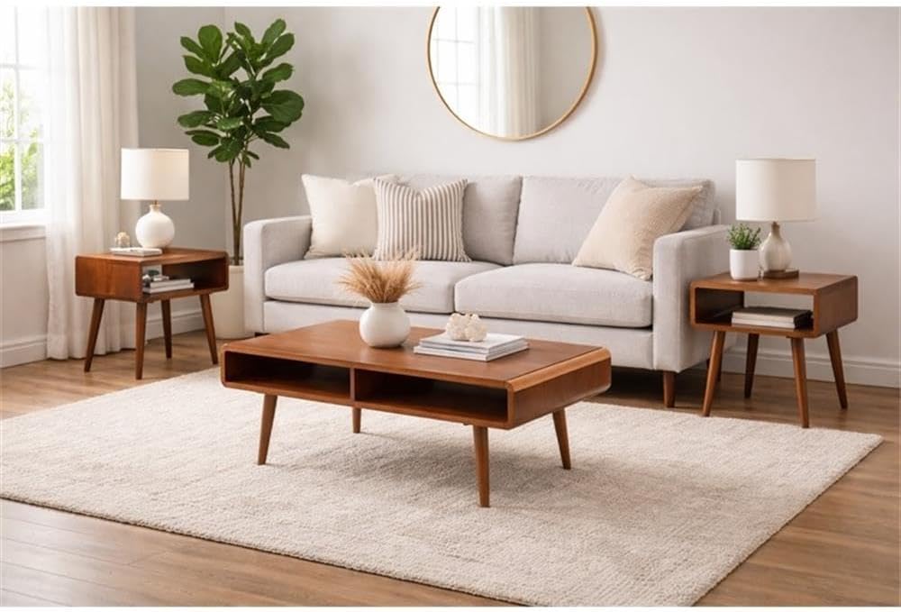 Pemberly Row Mid-Century 3-Piece Table Set, Solid Rubberwood, Rich Walnut Fin...