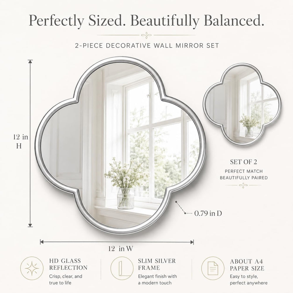 Glass Clover Mirror Set of 2, Non-Distortion Wall Decor Mirrors with Metal Ed...