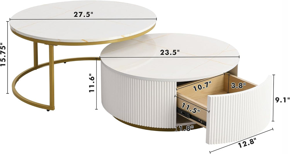 Nesting Coffee Table Set of 2, Round Coffee Table with Drawer for Living Room...