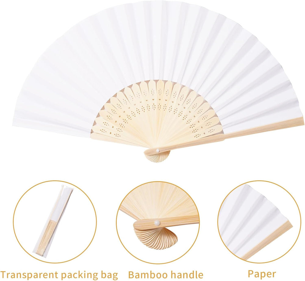 Sepwedd 50pcs White Paper Hand Fan Bamboo Folding,Handheld Paper Folded for W...