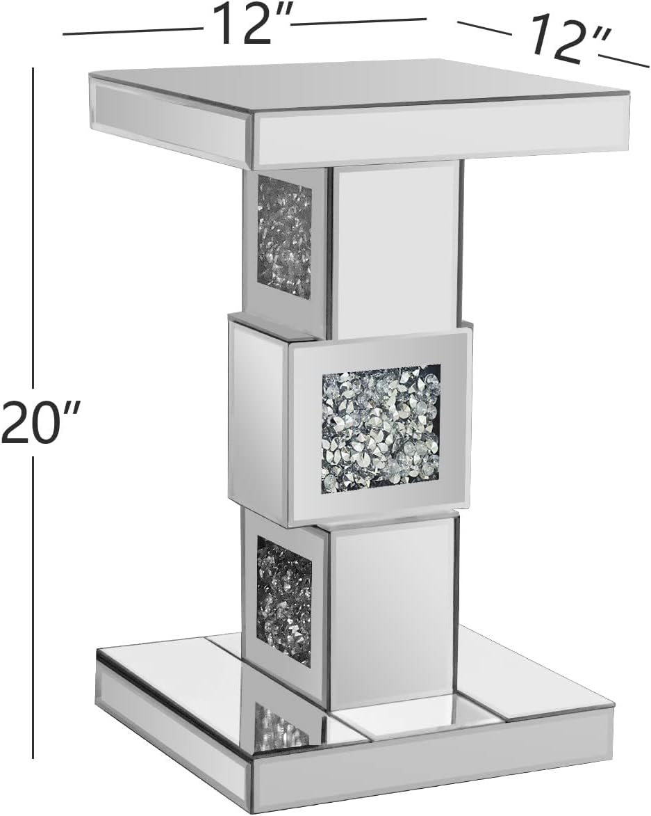Silver Mirrored End Table With Crystal Inlay, Modern Side Table Accent Table,...