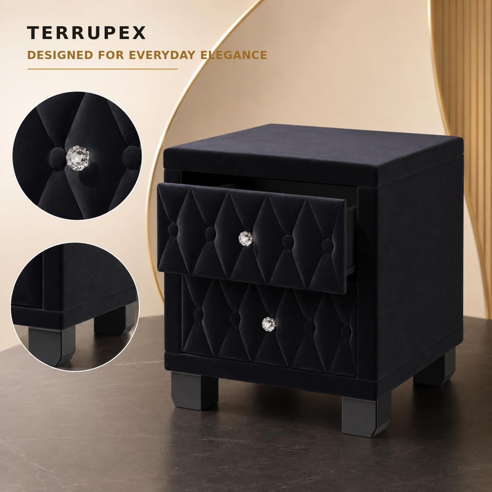 Bedside Table Nightstand with 2 Drawers, Velvet Button-Tufted Night Stand wit...