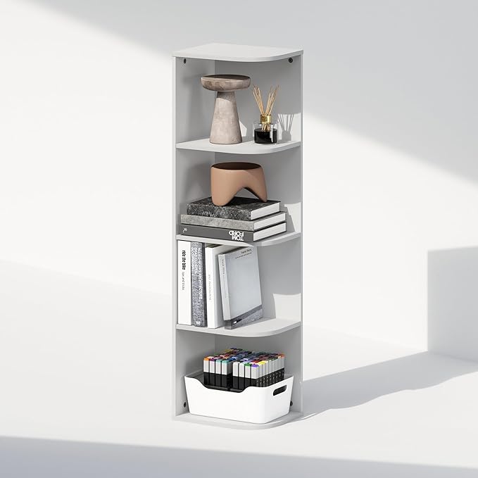 Furinno Reed Corner Shelf, 4-Tier Corner Bookshelf, Book Shelf, Corner Shelves