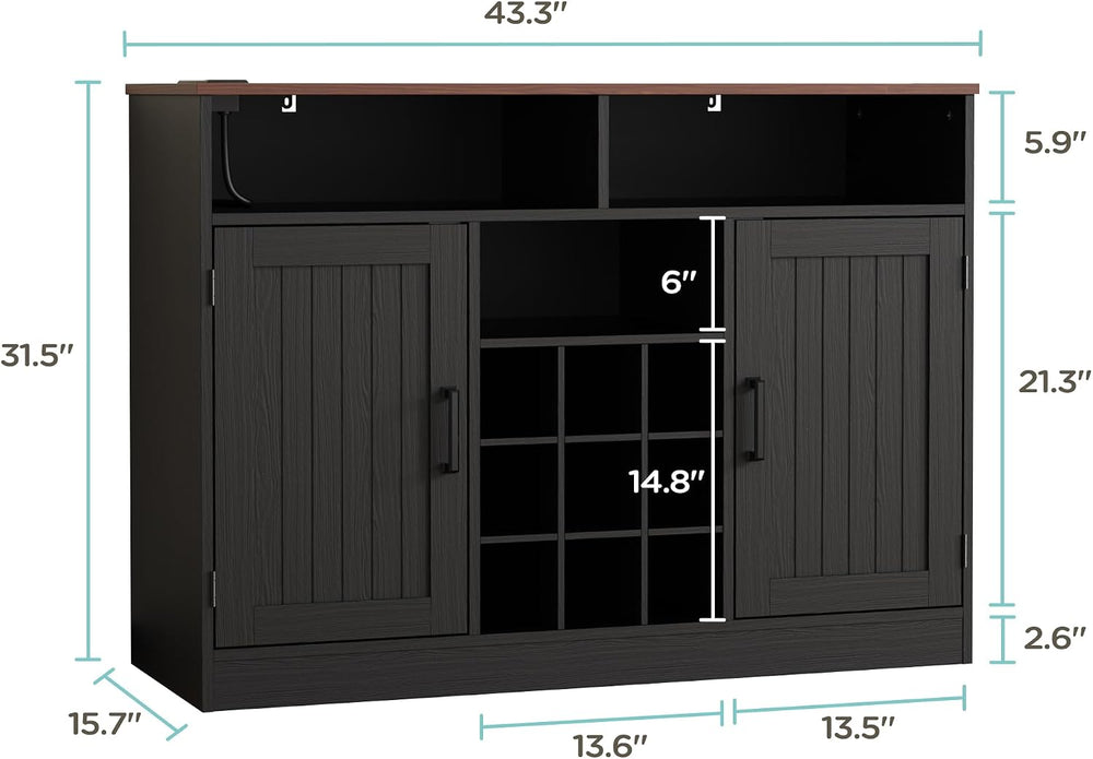 MHOM Farmhouse Coffee Bar Cabinet with Power Outlets, Rustic Buffet Sideboard...