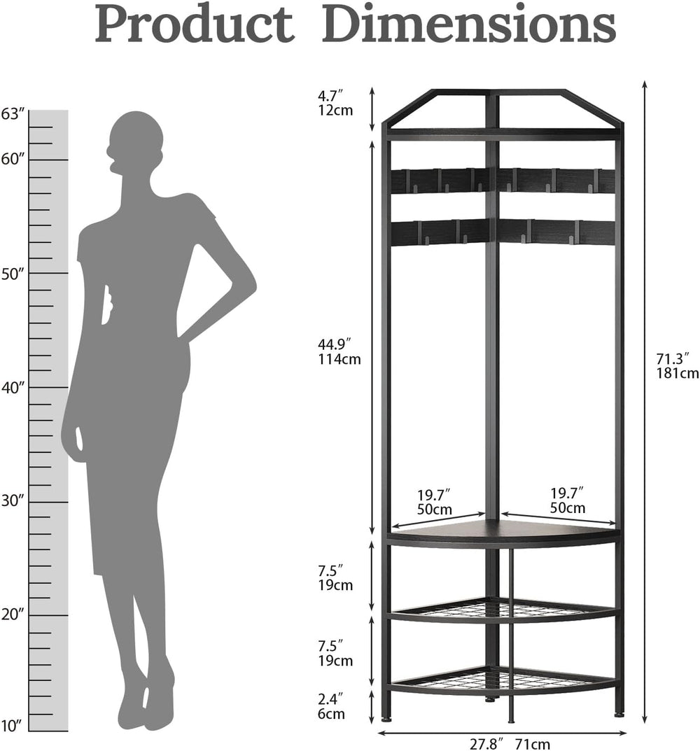 GiftGo Corner Hall Tree with Shoe Bench Entryway Coat Rack with 10 Metal Mova...