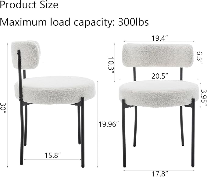 White Boucle Dining Chairs Set of 6, Upholstered Dining Room Chairs with Blac...