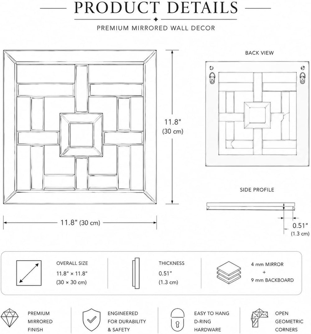 Square Decorative Wall Mirror 12 x 12 Inch, Silver Frameless Mirror Wall Deco...