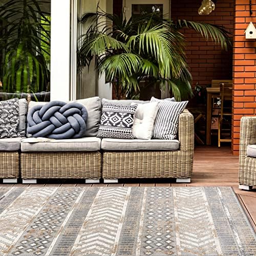 Rugshop Tribal Stripe Indoor/Outdoor Distressed Area Rug Beige 7'10"...