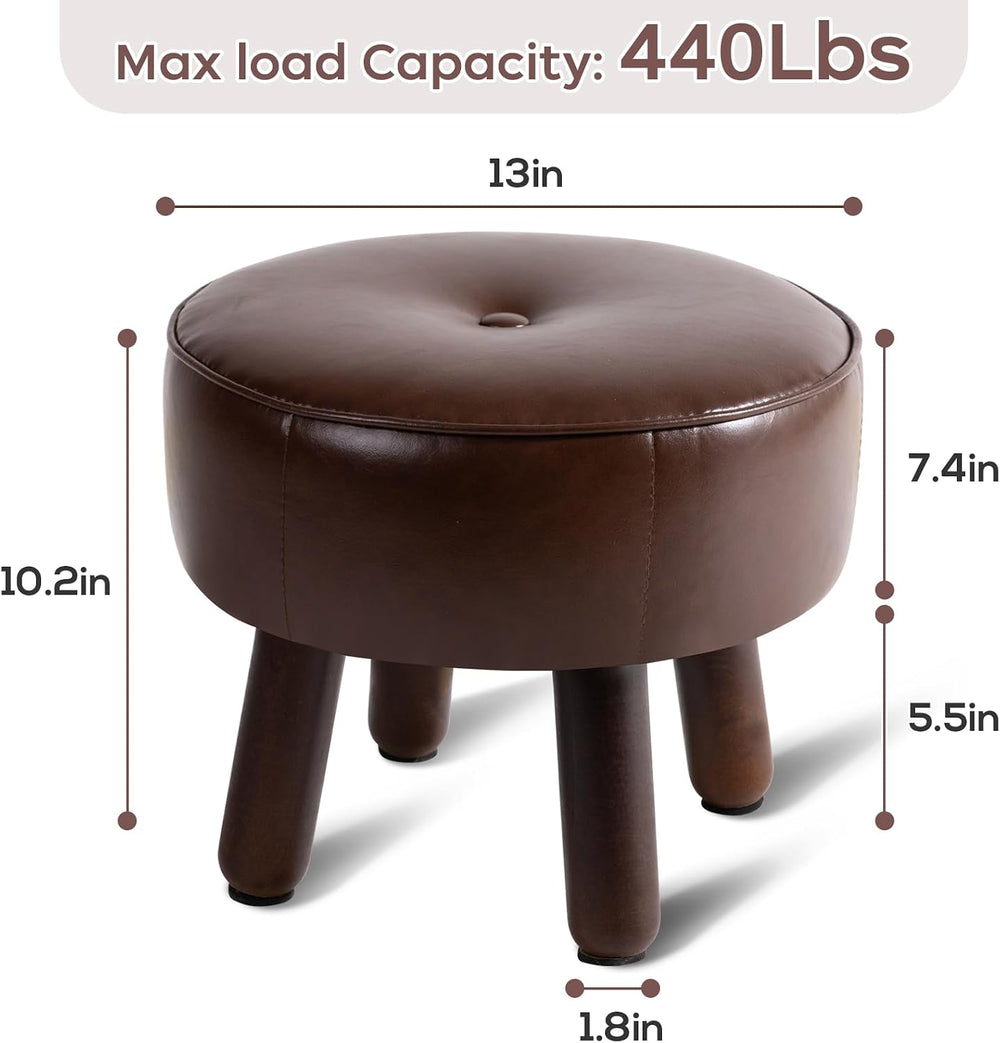 Small 13" Foot Stool Ottoman, Round Pouf Foot Rest, Faux Leather Footsto...