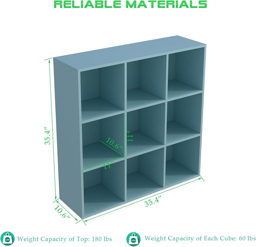9-Cube Storage Shelf Bookcase - Wooden 3-Tier Floor Standing Open Bookshelf f...