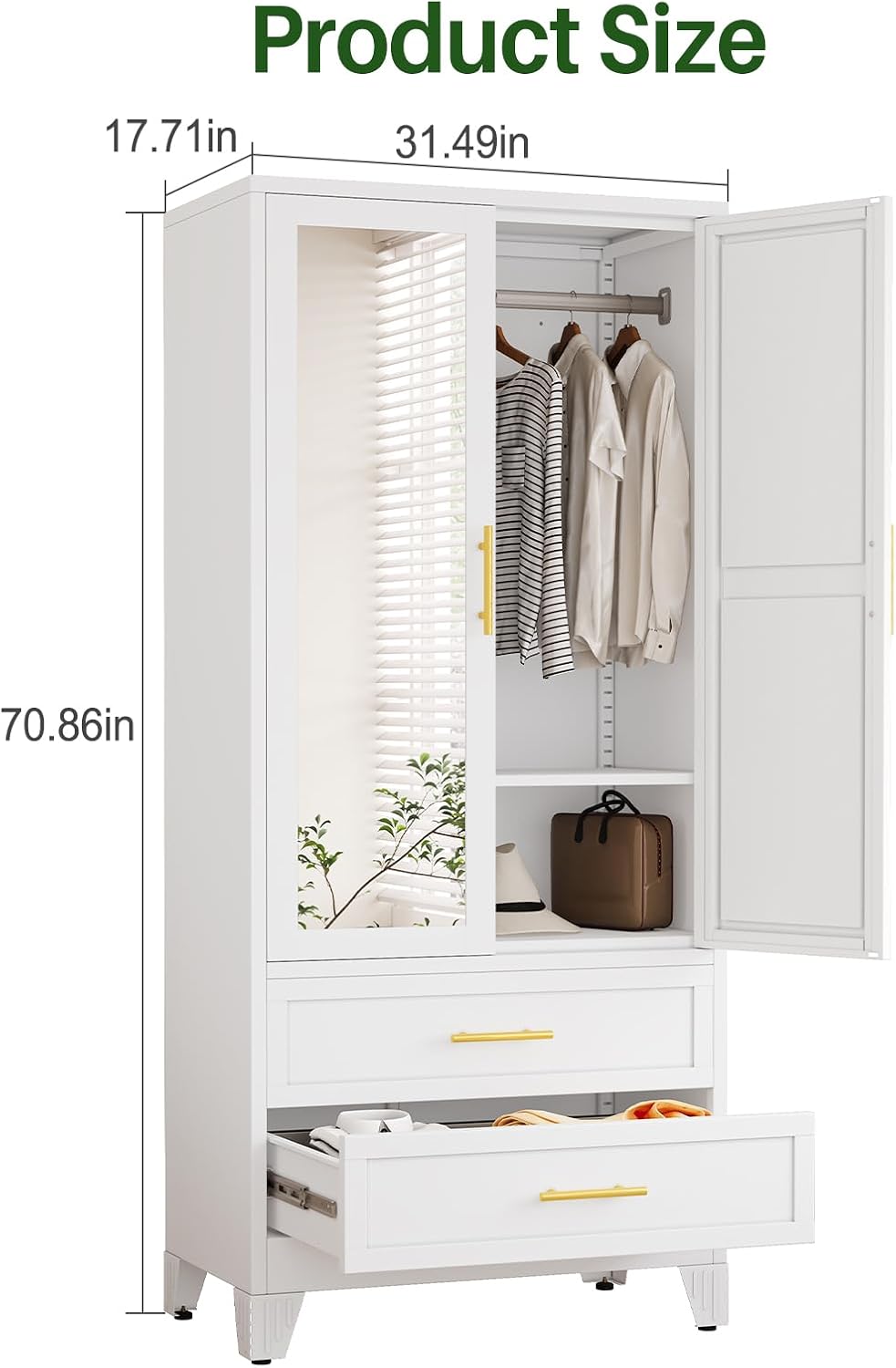 Metal Armoire Wardrobe, 71" Tall Bedroom Closet with Mirror and 2 Drawers