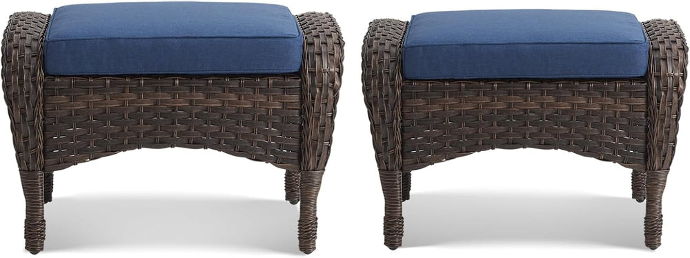 HUMMUH Outdoor Ottoman-Patio Rattan Footstool with Cushions Blue