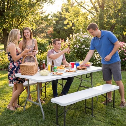 Folding Table 6ft, Heavy Duty Plastic Fold-in-Half Utility Table, White