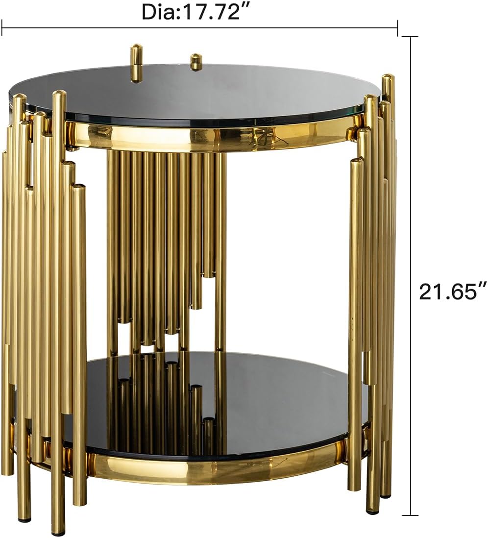 17.72" Round Sofa Side Table, 2-Tier Black Tempered Glass End Table with...