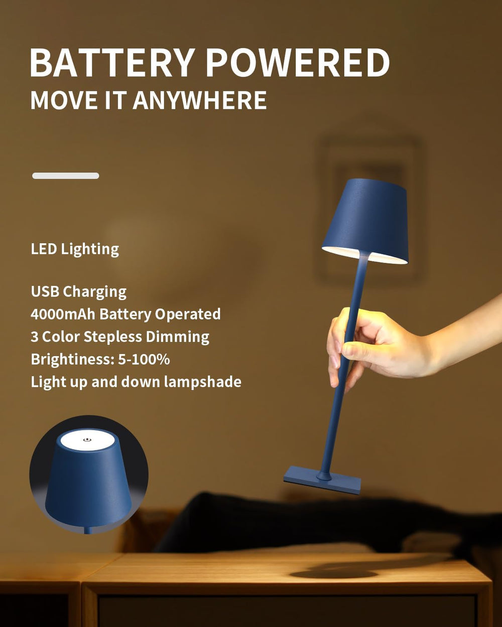 KDG 2 Pack Cordless Blue Table Lamps, Rechargeable Portable LED Desk Lamps