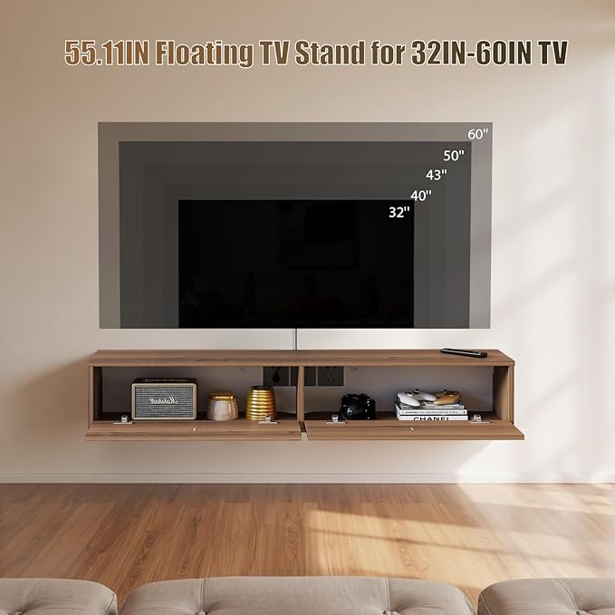 Solid Wood Floating TV Shelf, 55'' Wall Mounted TV Cabinet, Floating ...