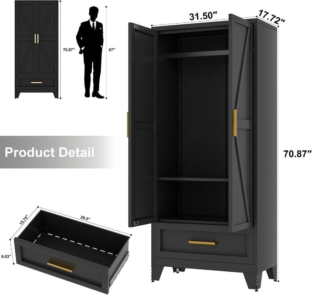 Metal Wardrobe Cabinet,71 Armoire Wardrobe Closet with Drawers and Hanging Ro...