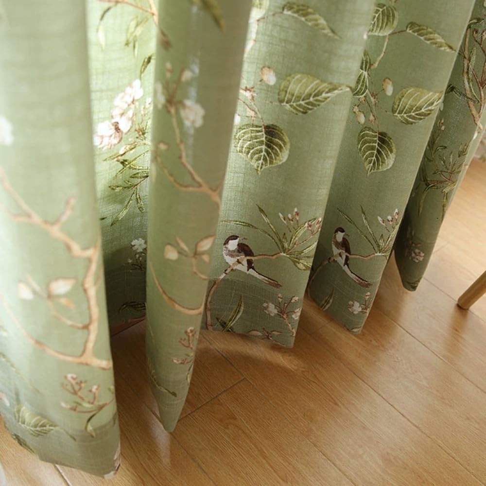 Vintage Bird Curtain Green Floral Print Grommet Linen Blend W55 X L84 Inch