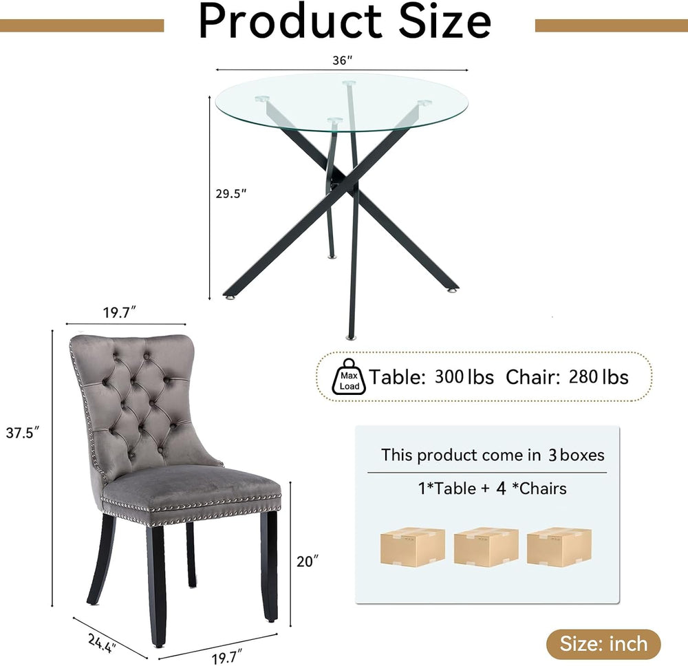 Small Round Dining Table Set for 4, Modern Glass Kitchen Table Chairs Set of ...