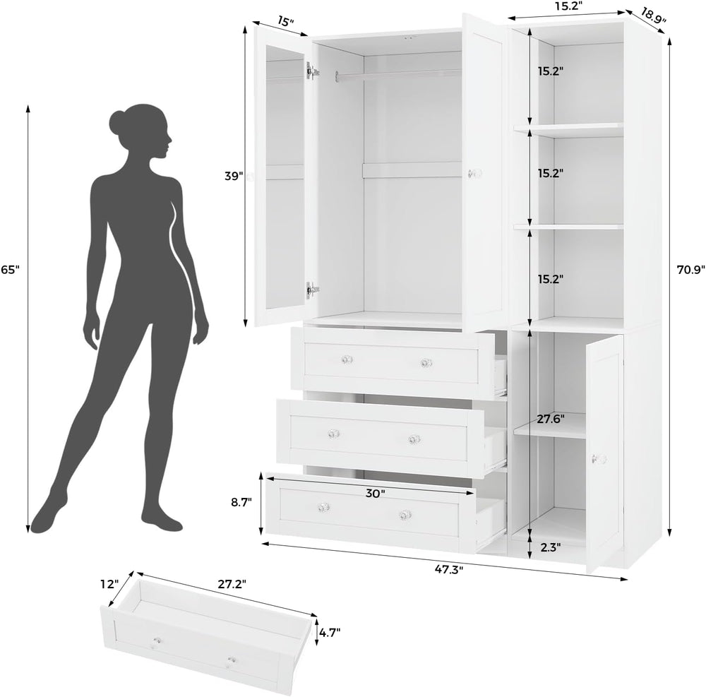 VOWNER 71"H Armoire Wardrobe Closet with Mirror and Open Shelves (2, White)