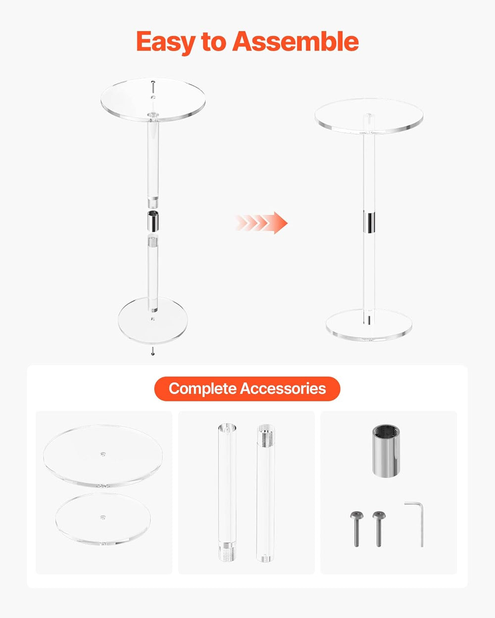 VEVOR Acrylic Drink Table, Small Round Side Table with Solid Post, Modern Cle...