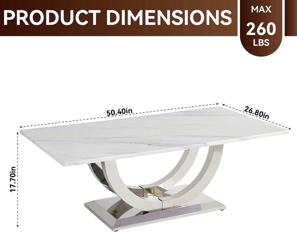 Henf Modern 50" Coffee Table White Faux Marble Center Table with Silver ...