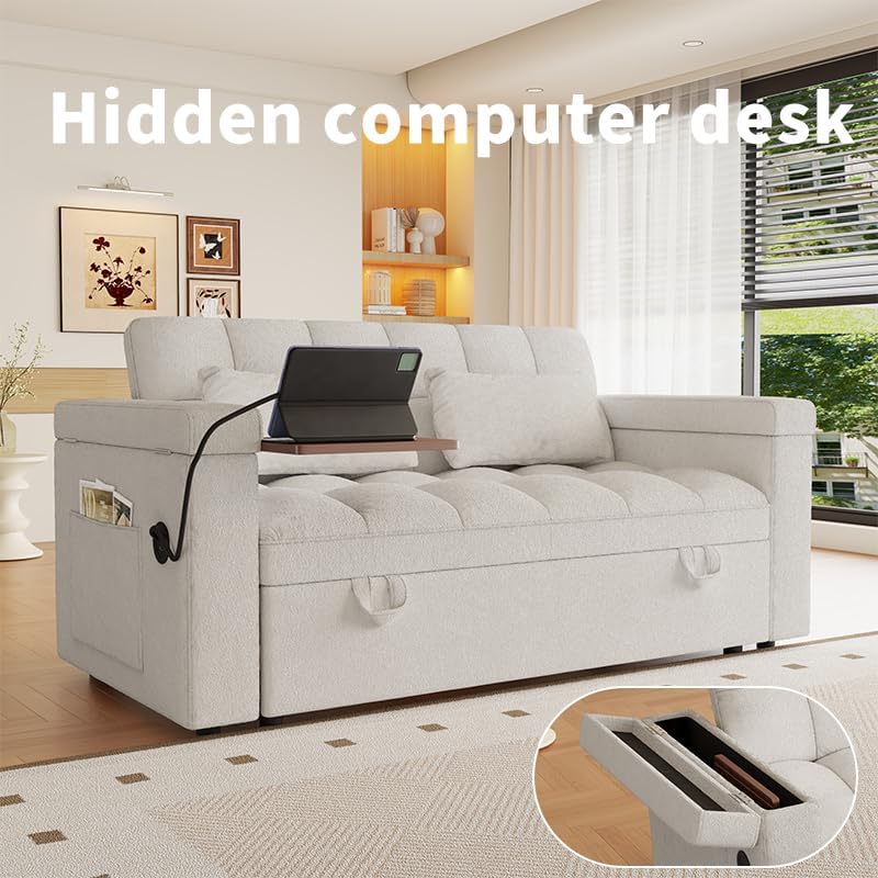 65" Futon Sofa Bed with USB Charging Ports, Adjustable Backrest