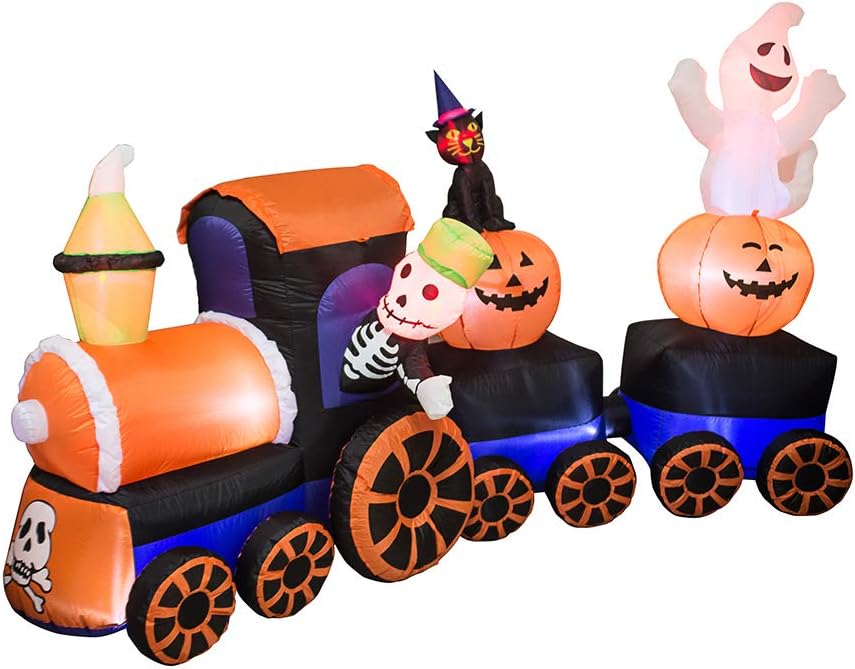 AJY 9 Feet Halloween Inflatable Train with Kittens White Ghosts/Pumpkin