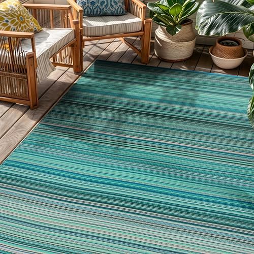 Rugshop Contemporary Stripe Patio Deck Backyard Area Rug Blue 5' x 7'
