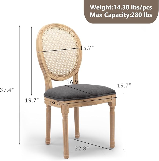 Rattan Back Upholstered Dining Chairs Set of 2 French Country Oval Kitchen Si...