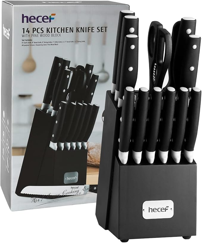 hecef Kitchen Knife Block Set, 14 Pieces Knife Set
