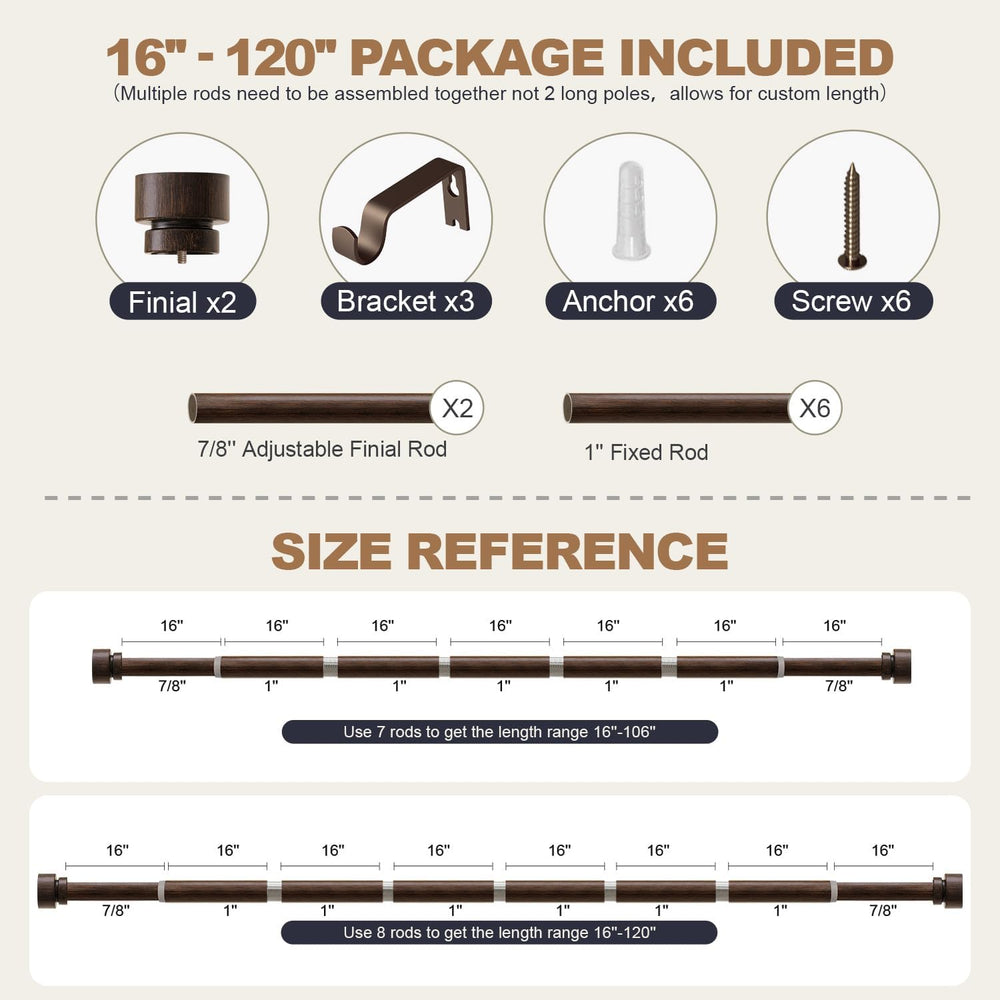 Deep Walnut Wood Curtain Rods for Windows 66 to 120 1" Diameter Heavy Du...